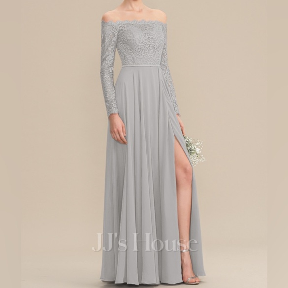 A-line Off the Shoulder Floor-Length Chiffon Lace Bridesmaid Dress